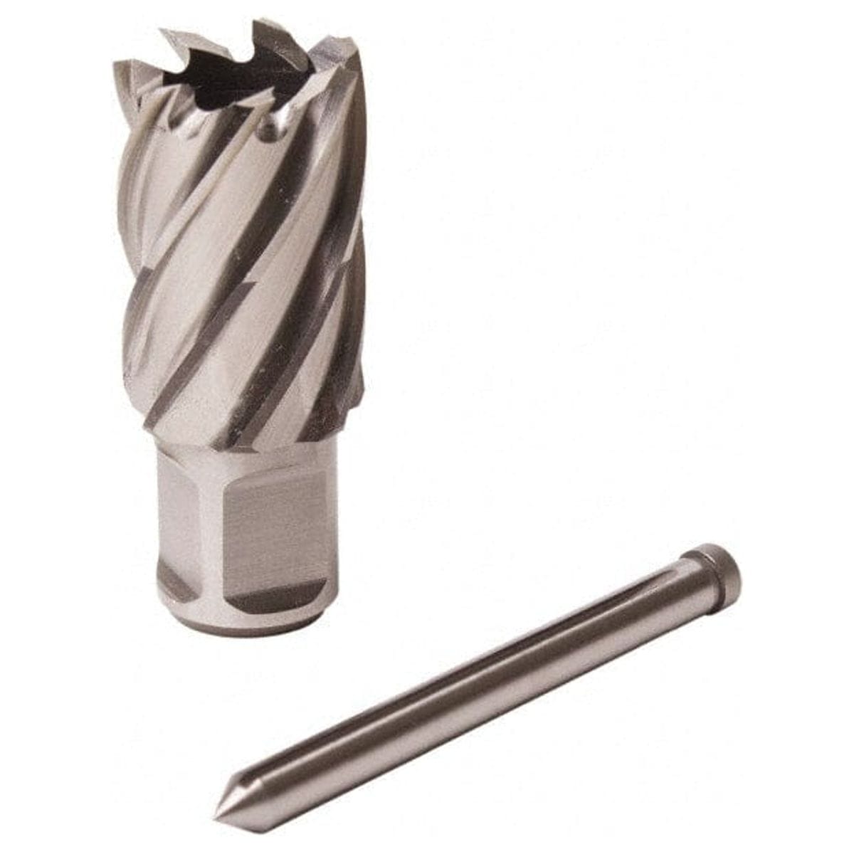 Two metalworking tools displayed side by side: on the left, a Slugger by Fein HSS annular cutter with spiral cutting edges and a 3/4" Weldon shank, designed for burr-free steel drilling; on the right, a center punch tool with a pointed tip used for marking drill locations. Ideal for precision hole-making in fabrication and industrial machining.