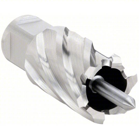 Slugger by Fein high-speed steel annular cutter with spiral cutting edges and a hollow center. Features a 3/4" bore diameter, 1" cutting depth, and straight shank for magnetic drill presses. Includes pilot pin for accurate centering and clean slug ejection. Designed for burr-free hole-making in industrial metalworking applications