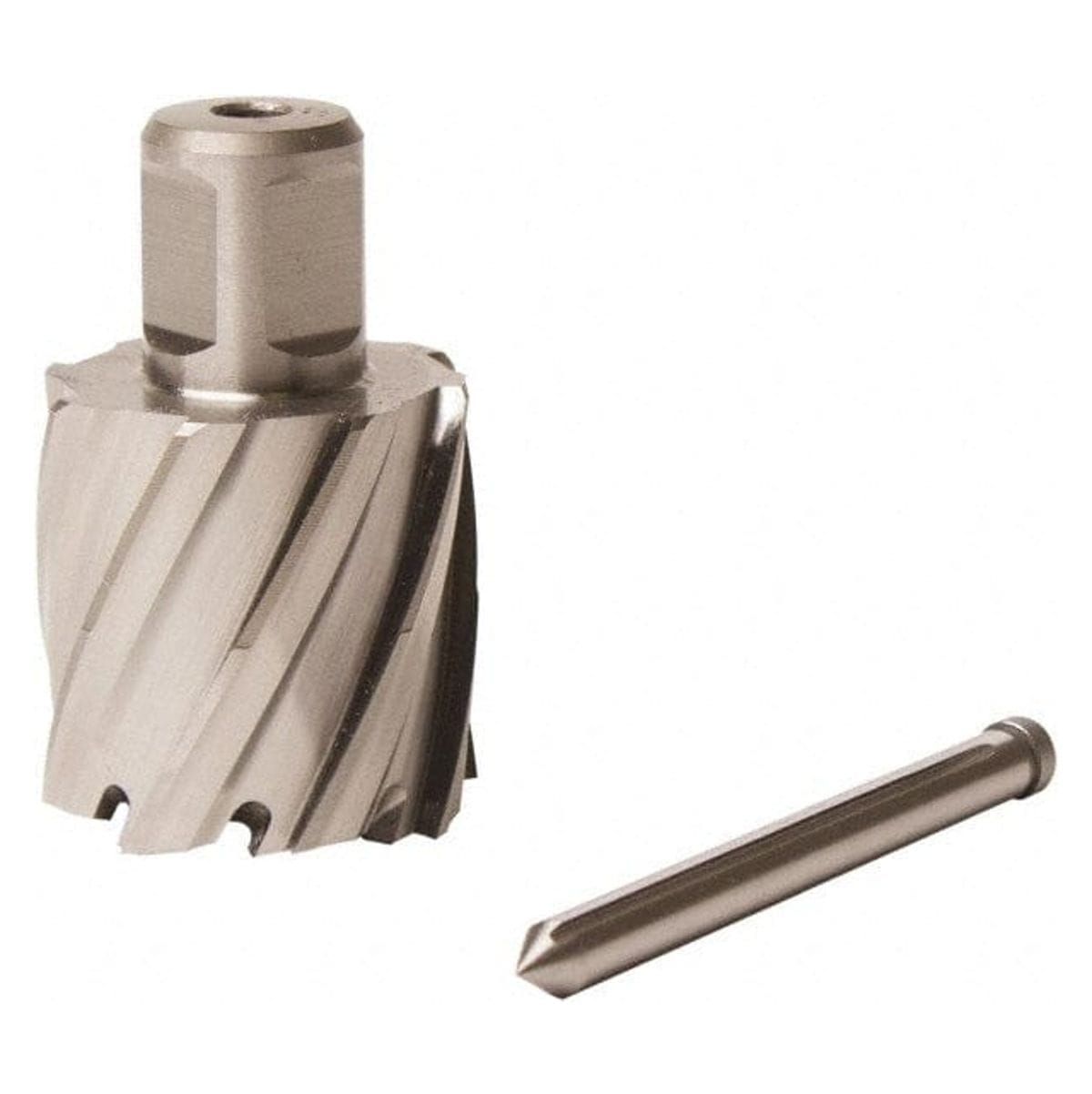 Slugger by Fein annular cutter shown with pilot pin. The cutter is cylindrical with sharp helical cutting edges and a central bore for mounting. Made of high-speed steel, it features a 1-13/16" diameter and 1" cutting depth, designed for use with magnetic drill presses. The pilot pin assists with centering and slug ejection during precision metal drilling in steel and stainless steel.