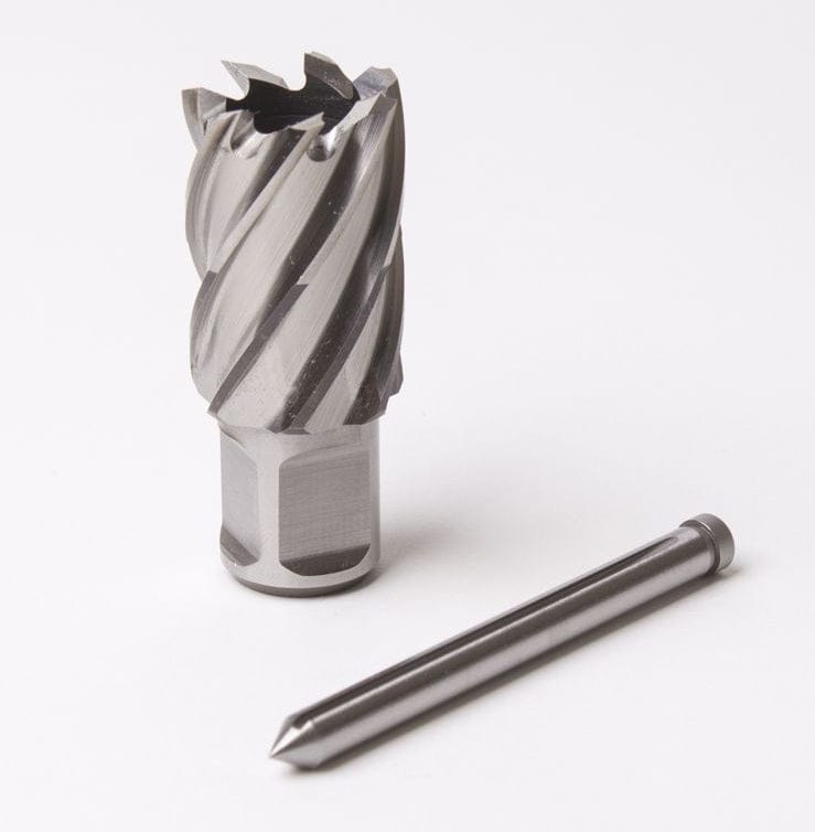 Slugger by Fein HSS annular cutter with a 1-15/16" diameter and 1" cutting depth, shown alongside a center drill. The annular cutter features sharp helical cutting edges and a hollow center for efficient metal drilling, while the center drill is designed for creating starter holes or lathe centers. The annular cutter includes a pilot pin for accurate centering and slug ejection. Both tools are CNC-machined and suitable for use in magnetic drill presses and precision metalworking applications.