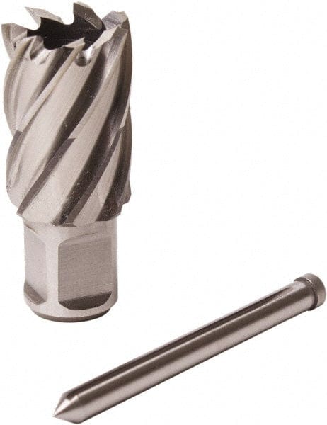 Slugger by Fein HSS annular cutter with 1-1/2" diameter and 2" cutting depth, shown alongside a pilot pin. The cutter features spiral cutting edges and a 3/4" Weldon shank for secure mounting. Designed for CNC-ground, coolant-fed, burr-free steel drilling in metalworking and fabrication applications.