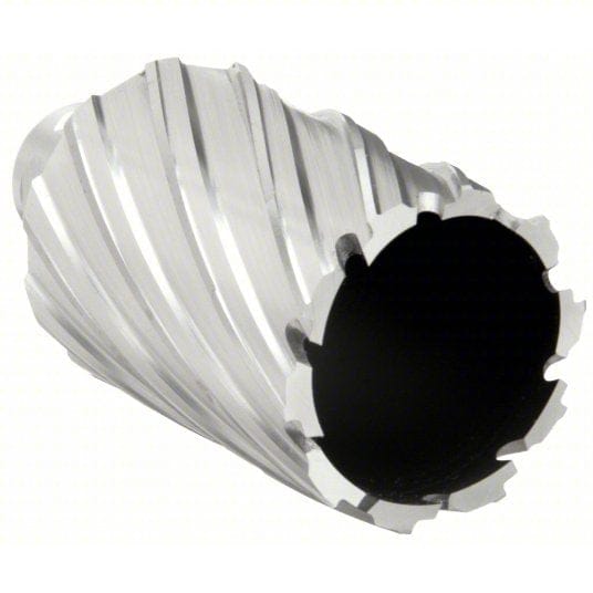 Close-up of a silver-colored Slugger by Fein annular cutter with a 1-3/4" diameter and 2" cutting depth. The tool has a hollow center and sharp cutting edges around the perimeter, with fluted sides for chip removal. Designed for use with magnetic drill presses, it delivers precise hole-making in steel and structural metals.