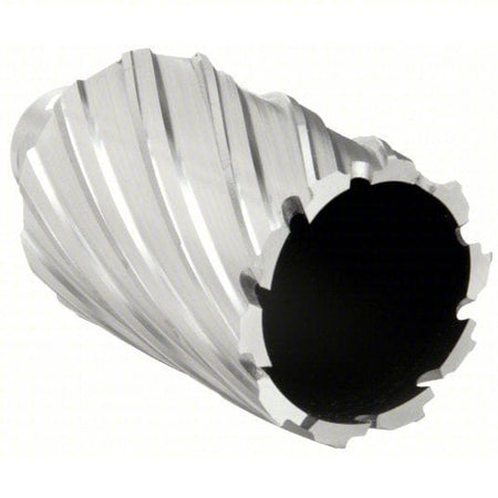 Close-up of a silver-colored Slugger by Fein annular cutter with a 1-3/4" diameter and 2" cutting depth. The tool has a hollow center and sharp cutting edges around the perimeter, with fluted sides for chip removal. Designed for use with magnetic drill presses, it delivers precise hole-making in steel and structural metals.