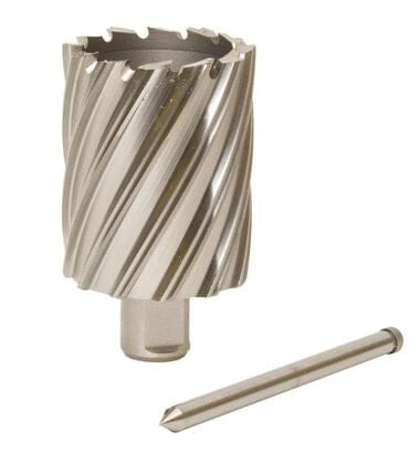 Slugger by Fein HSS annular cutter with a 1-7/8" diameter and 2" cutting depth, shown with its pilot pin. The cylindrical cutter features sharp helical cutting edges and a hollow center for efficient metal drilling. The included pilot pin aids in centering and slug ejection. The 3/4" Weldon shank ensures secure mounting in magnetic drill presses. Finished in bright steel, this tool is ideal for industrial applications requiring clean, burr-free holes in structural steel and other metals.