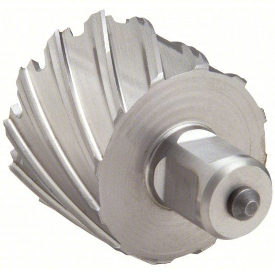 Close-up of a Slugger by Fein HSS annular cutter showing spiral flutes and sharp cutting edges. Designed for burr-free steel drilling, the cutter features a 2" diameter, 1" cutting depth, and 3/4" Weldon shank. Ideal for industrial metalworking and fabrication applications requiring clean, efficient hole creation