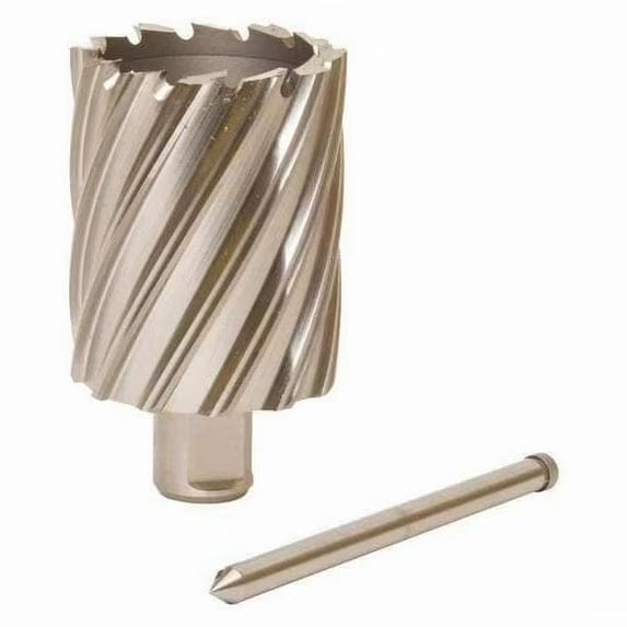 Annular cutter and pilot pin shown side by side. The cutter features spiral cutting edges and a hollow center for slug ejection, with a 2" diameter and 2" cutting depth. The pilot pin fits inside the cutter to guide precise drilling. Designed for burr-free, coolant-fed steel drilling using magnetic drill presses in industrial and fabrication settings.