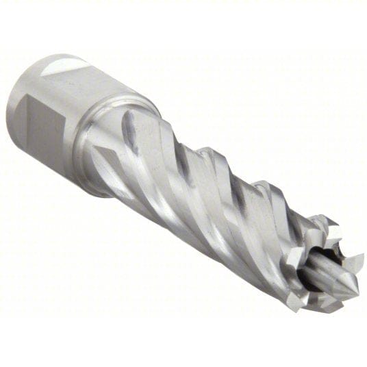 Close-up of a precision metal cutting tool with helical flutes and sharp cutting edges, designed for high-performance steel drilling. This Slugger by Fein HSS annular cutter features a 7/16" diameter, 2" cutting depth, and 3/4" Weldon shank. Ideal for CNC machining, fabrication, and burr-free hole creation in industrial applications.