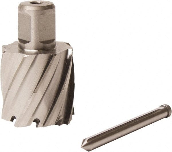 Fein Slugger HSS annular cutter with a 1-11/16" diameter and 2" cutting depth, shown alongside its pilot pin. The cutter features a cylindrical body with sharp helical cutting edges and a 3/4" Weldon shank for secure mounting in magnetic drill presses. The pilot pin, placed beside the cutter, is designed to center the tool and eject the slug after drilling. Ideal for precision hole-making in steel and other industrial metals.