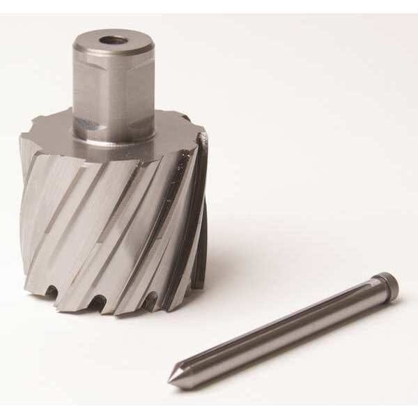 Slugger by Fein annular cutter shown with pilot pin. The cutter is cylindrical with sharp helical cutting edges and a central bore for mounting. Made of high-speed steel, it features a 1-13/16" diameter and 1" cutting depth, designed for use with magnetic drill presses. The pilot pin assists with centering and slug ejection during precision metal drilling in steel and stainless steel.