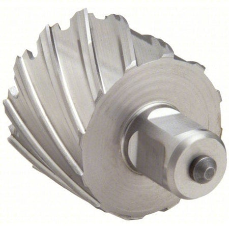 Close-up of a cylindrical annular cutter made of high-speed steel with sharp helical cutting edges around its outer surface. The tool features a central mounting hole and is designed for precision metal drilling. Suitable for use with magnetic drill presses or milling machines to create clean, burr-free holes in steel and other industrial materials.