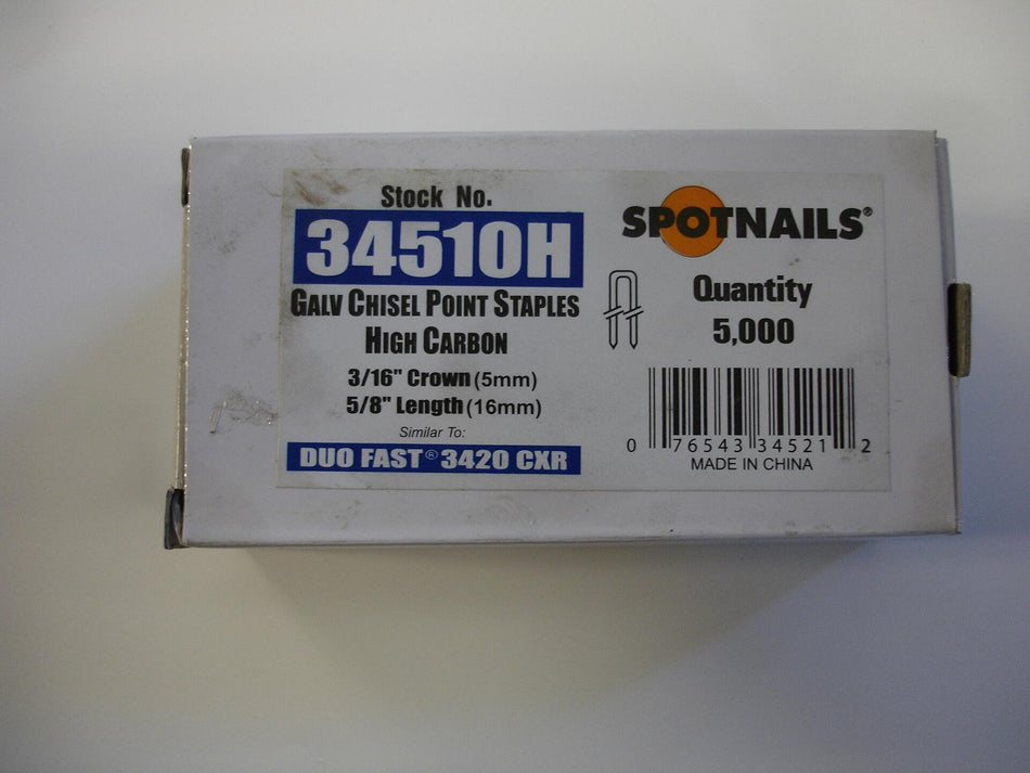 Box of SpotNail 3420C 5/8" 23-gauge galvanized chisel point staples with 3/16" crown, labeled as OEM Duo-Fast replacement for 3400 series staplers, 5,000 count.