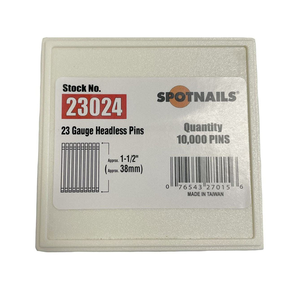 A cardboard box lid for SpotNails 23 Gauge Headless Pins, showing the stock number 23024, approximate length of 1-1/2 inches, and a quantity of 10,000 pins per box.