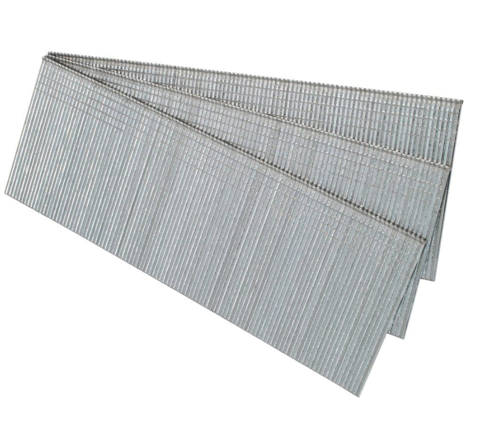 Four overlapping strips of galvanized 18-gauge brad nails, showing the adhesive collation and chisel points for fine finish carpentry.