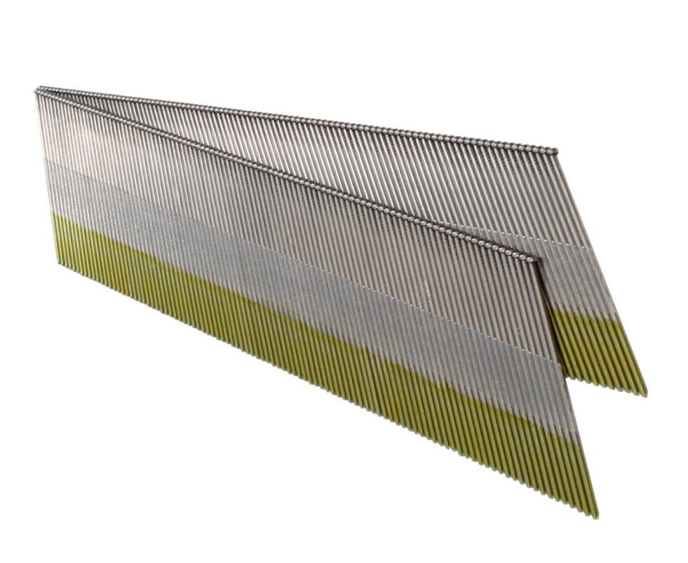 Close-up of two strips of collated 15-gauge DA angled finish nails with a bright finish. The nails are silver, and the adhesive collation strip is yellow-green. They are shown angled and ready for use in a finish nailer.