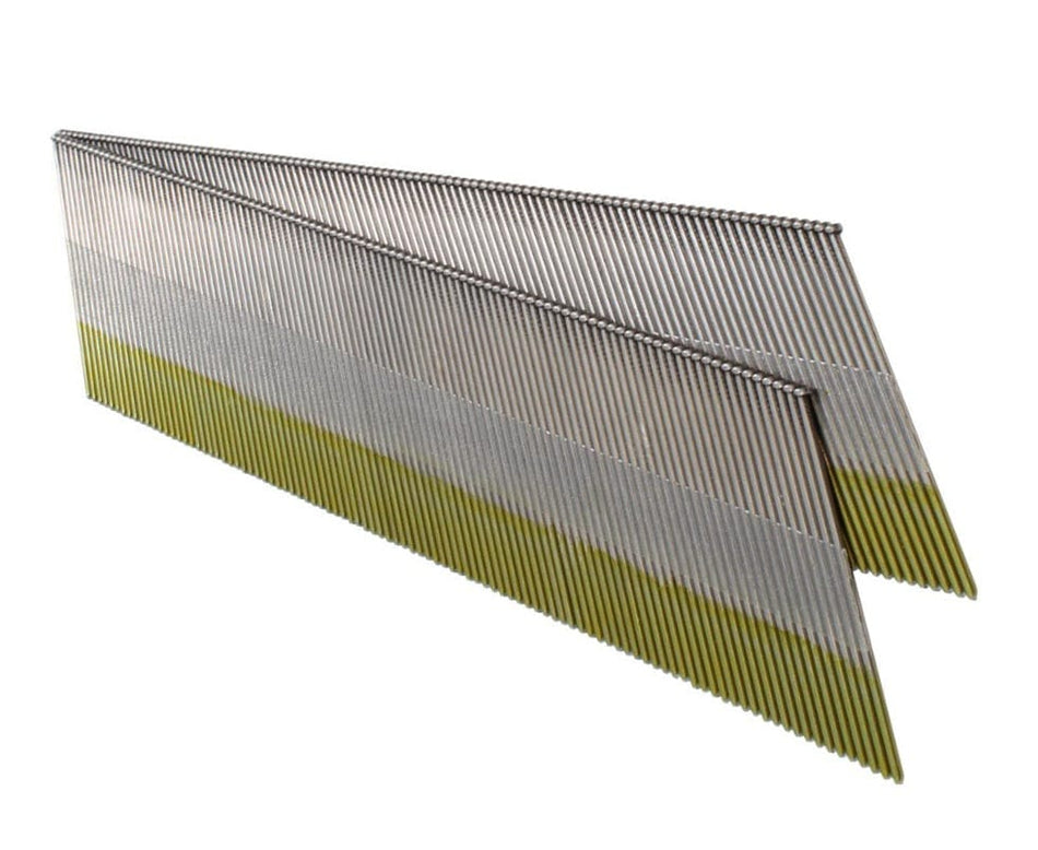 Close-up of two strips of collated 15-gauge DA angled finish nails with a bright finish. The nails are silver, and the adhesive collation strip is yellow-green. They are shown angled and ready for use in a finish nailer.