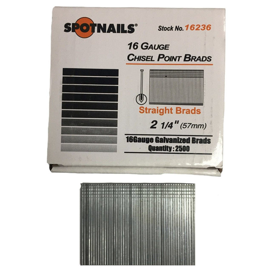 A box of SpotNails 16 gauge galvanized chisel point straight brads (stock number 16236, 2-1/4 inch length) shown with a loose strip of the collated nails below it.