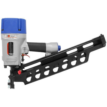 A side profile view of the SpotNails NPR90 21-degree framing nailer, showing the blue cap, silver body, and long black nail magazine.
