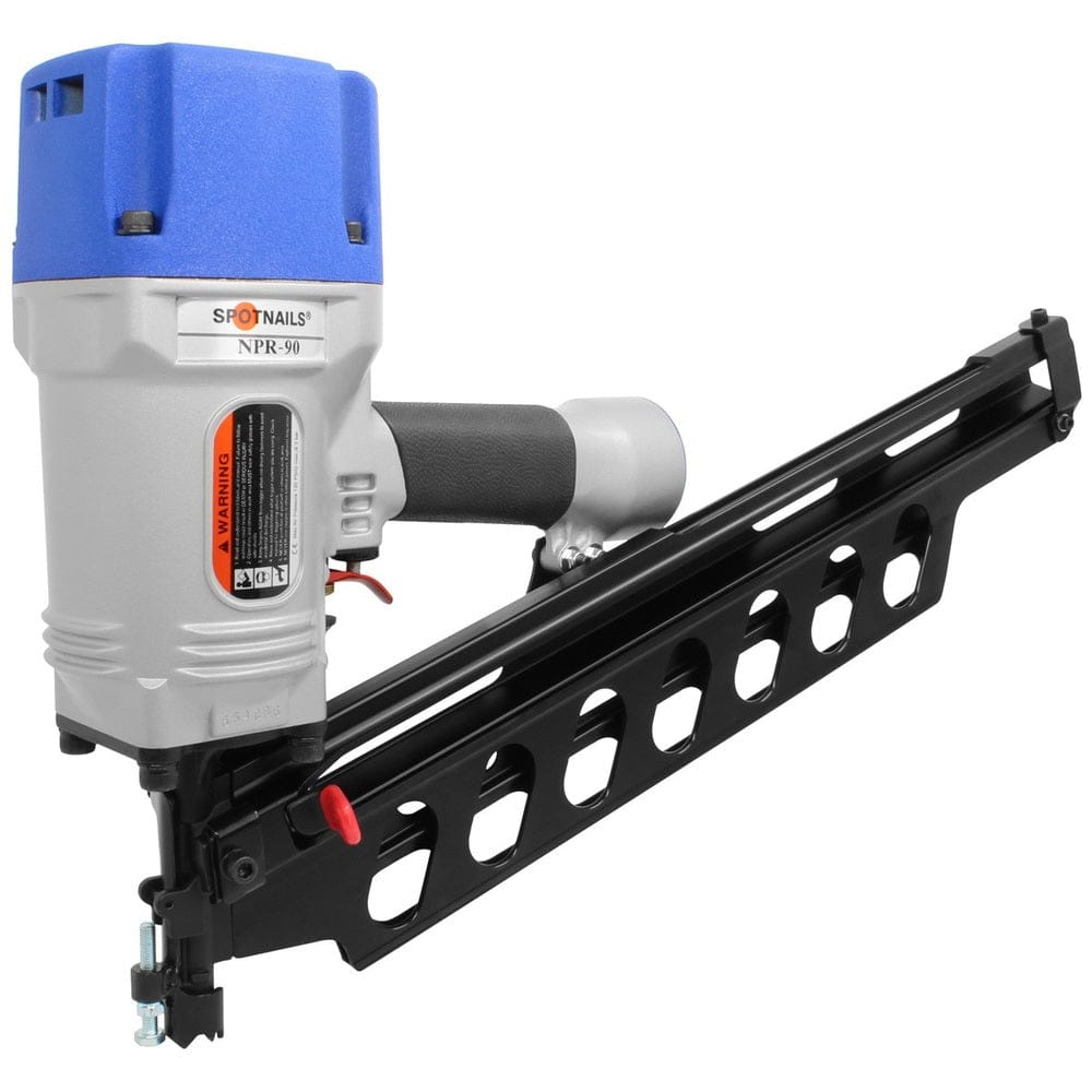 A three-quarter profile view of the SpotNails NPR90 framing nailer, highlighting the depth adjustment knob and the full-round head nose.