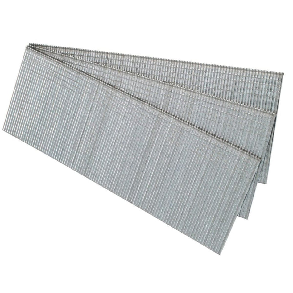 Four overlapping strips of galvanized 18-gauge brad nails, showing the adhesive collation and chisel points for fine finish carpentry.