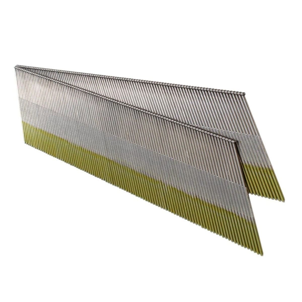Close-up of two strips of collated 15-gauge DA angled finish nails with a bright finish. The nails are silver, and the adhesive collation strip is yellow-green. They are shown angled and ready for use in a finish nailer.
