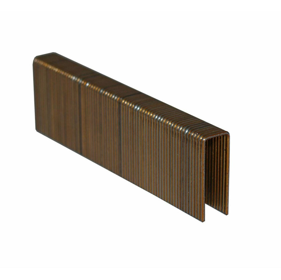 A close-up of a strip of 16-gauge medium crown staples, showing the shiny galvanized finish and the joined vertical legs.