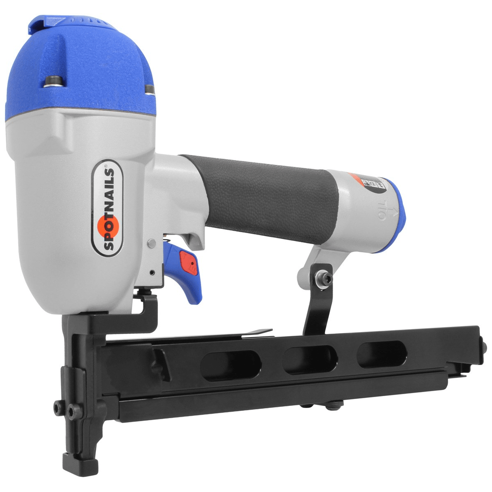Side view 16 Ga 1-1/2" Crown Stapler. 
This is a profile view of a pneumatic stapler or nail gun, predominantly white and black with a vibrant blue top and accents. It features a long, horizontal black magazine extending to the right, a textured black grip, and "SPOTNAILS" branding vertically on the side.
