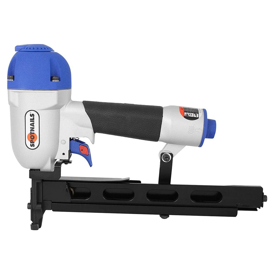 Side view 16 Ga 1-1/2" Crown Stapler. 
This is a profile view of a pneumatic stapler or nail gun, predominantly white and black with a vibrant blue top and accents. It features a long, horizontal black magazine extending to the right, a textured black grip, and "SPOTNAILS" branding vertically on the side.
