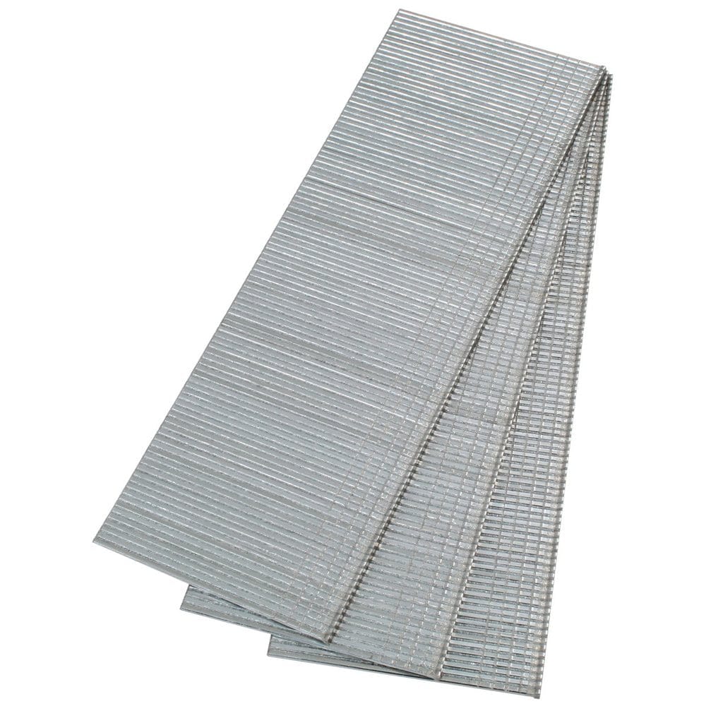 Angled view of three collated strips of SpotNails 18-gauge 1-1/4 inch galvanized finish nails, showcasing the chisel point steel fasteners designed for trim, cabinets, and interior finish millwork.