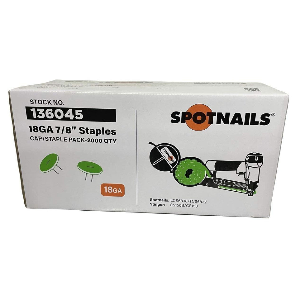 The white retail box for SpotNails 136045 Cap and Staple Pack, which contains 2,000 18-gauge 7/8-inch staples and caps.