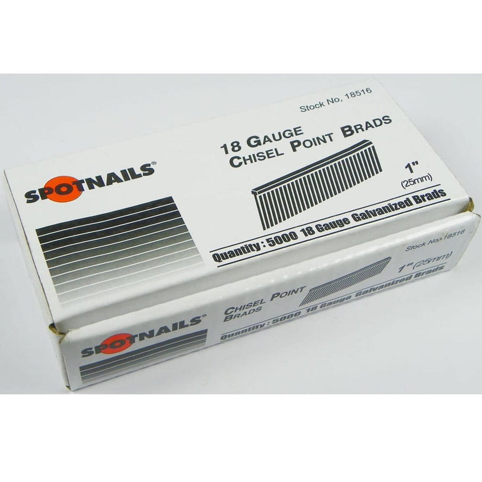 Box of Spotnails 18 gauge chisel point brads with nails in front on a white background