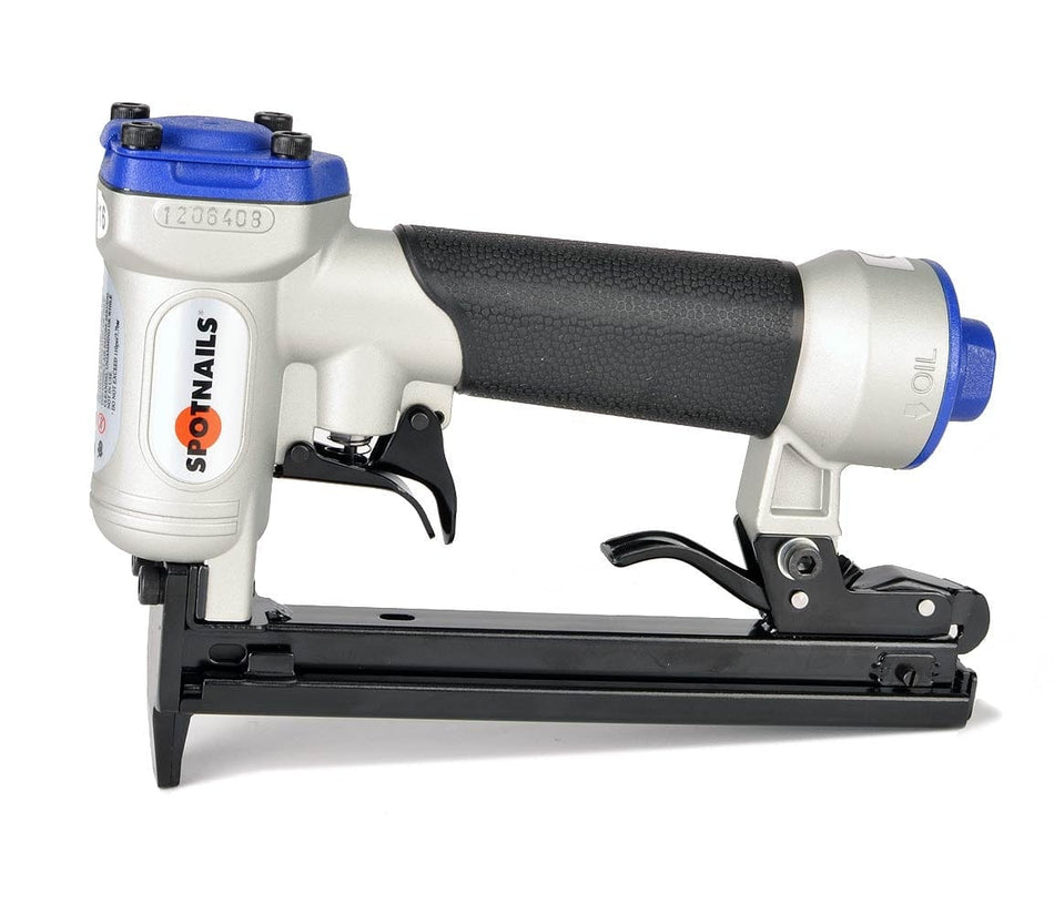 A side profile studio shot of the SpotNails PS5016 20-gauge upholstery stapler, showing its blue cap, silver body, and black staple magazine.