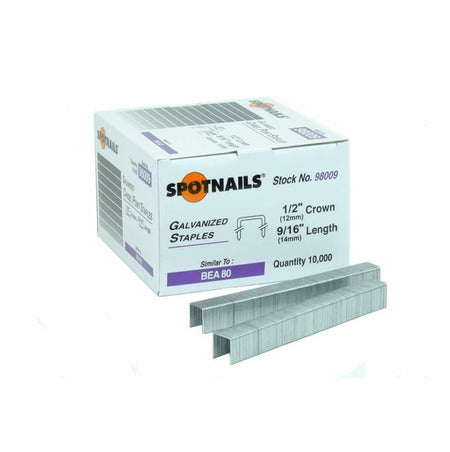 A box of Spot Nails Stock No. 98009 Galvanized Staples, specifying the 1/2-Inch Crown and Quantity 10,000, with two strips of the 1/4-inch leg upholstery fasteners lying in front.