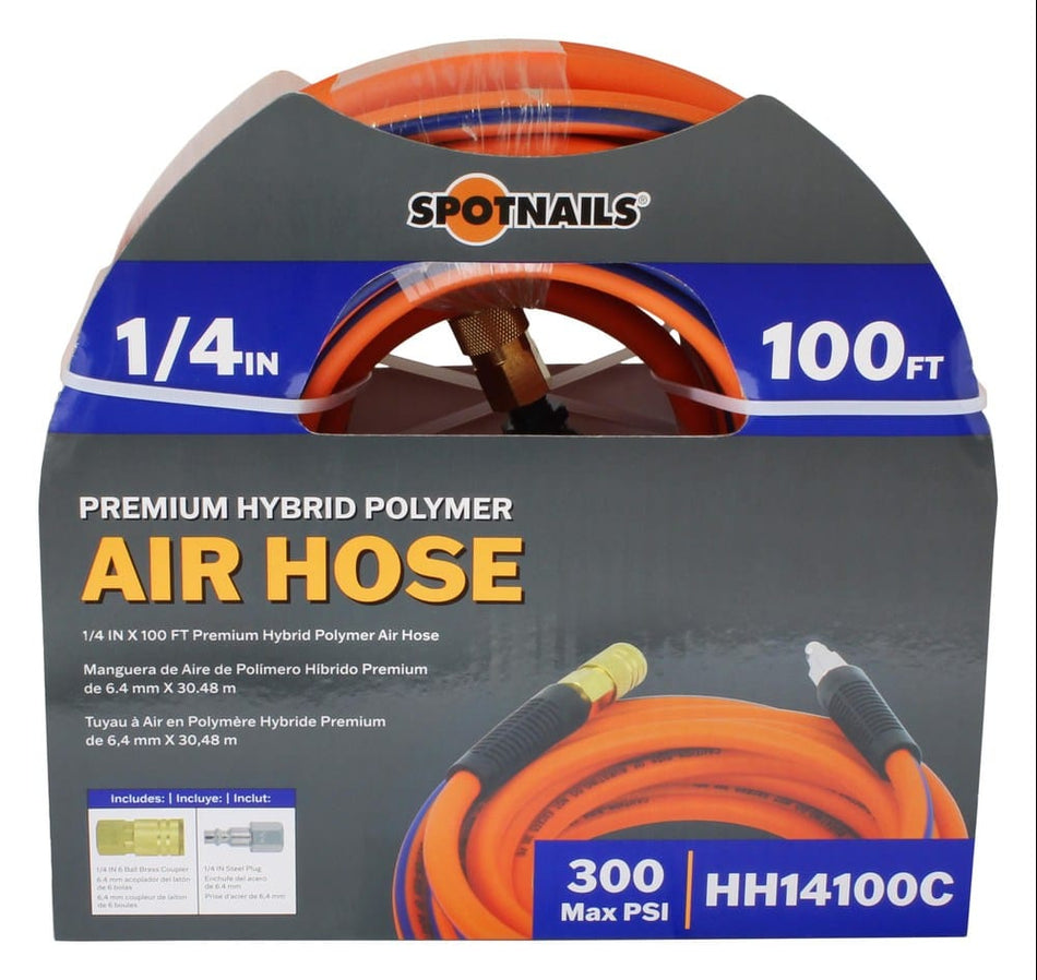 Front view of Spotnails HH14100C premium hybrid polymer air hose packaging displaying a coiled orange hose with blue stripes, 100 foot length, and included coupler and plug accessories