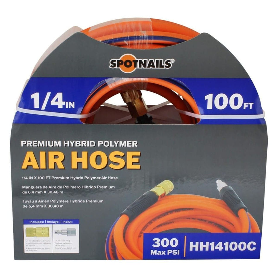 Front view of Spotnails HH14100C premium hybrid polymer air hose packaging displaying a coiled orange hose with blue stripes, 100 foot length, and included coupler and plug accessories