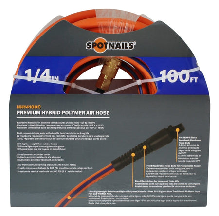 Rear view of Spotnails air hose packaging detailing field repairable hose ends, bend restrictor features, and 300 PSI rating on the coiled orange hose with blue stripe