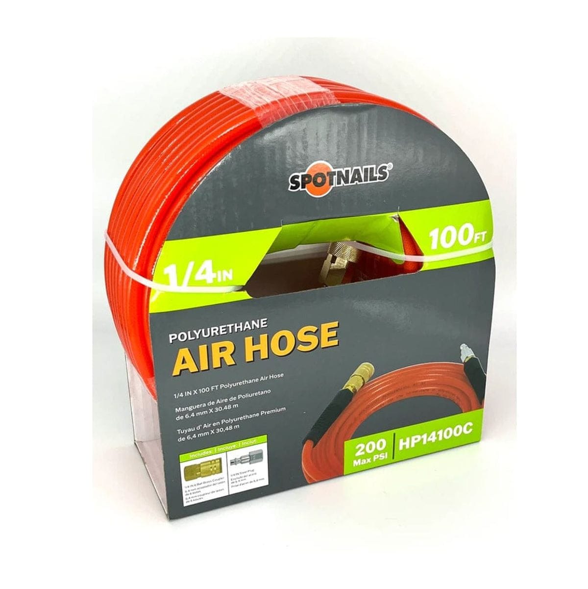 Front angled view of SpotNails HP14100C orange polyurethane air hose packaging displaying 100 foot length and included coupler and plug accessories