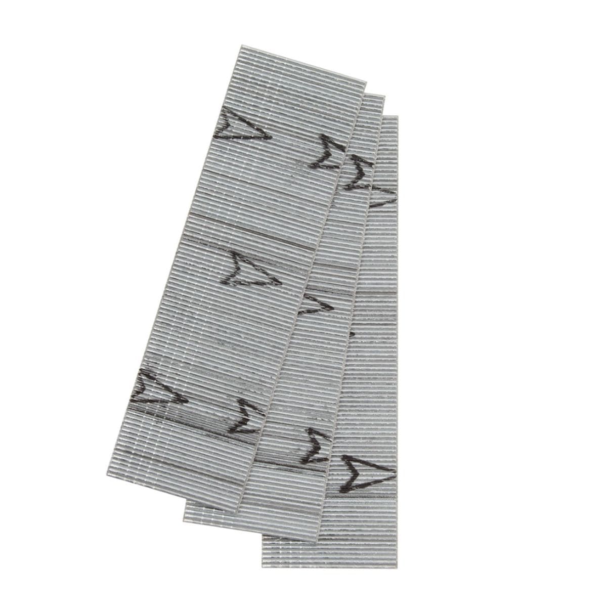 A tightly stacked block of collated 23-gauge headless pins, showing the dark, adhesive binding strip and the uniform, straight length of the fasteners.
