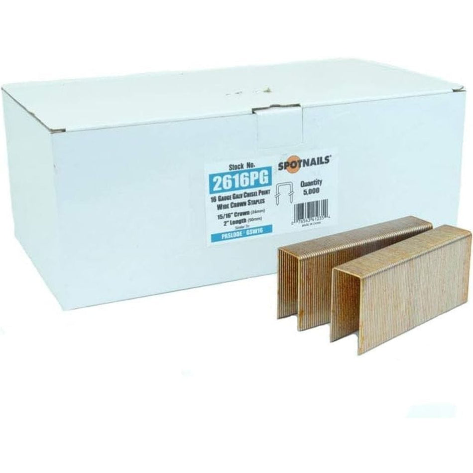 This image features a white cardboard box of staples in the background, labeled "SPOTNAILS" and "Stock No. 2616PG," indicating it contains 5,000 "16 Gauge Gala Chisel Point Wire Crown Staples." In the foreground, two stacks of shiny, copper-colored industrial staples are neatly arranged, showcasing their U-shaped form.