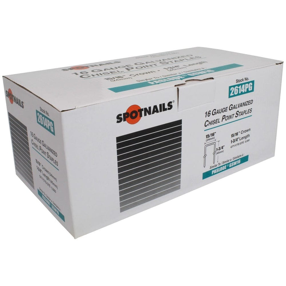 A white SpotNails box for 16-gauge galvanized chisel point staples, showing stock number 2614PG for 1-3/4 inch length and 15/16 inch crown staples.