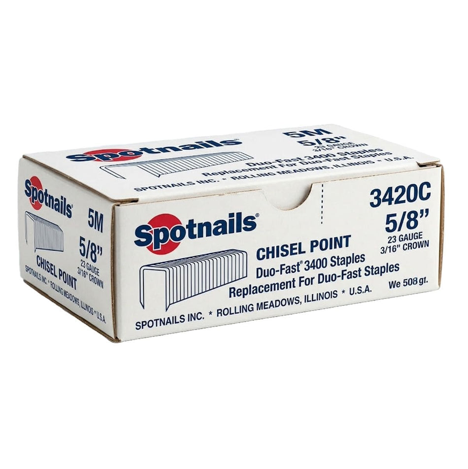 Box of SpotNail 3420C 5/8" 23-gauge galvanized chisel point staples with 3/16" crown, labeled as OEM Duo-Fast replacement for 3400 series staplers, 5,000 count.