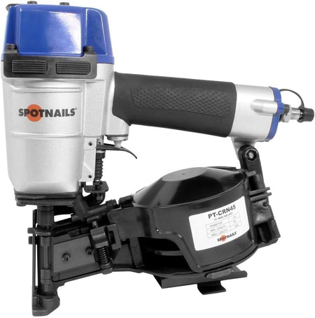 A side profile view of the SpotNails PT-CRN45 coil roofing nailer, showing the blue cap, silver body, and black coil magazine.