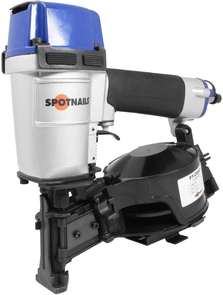 A high-angle three-quarter view of the SpotNails PT-CRN45 coil roofing nailer, showing the blue cap, silver body, and black coil-loaded magazine.
