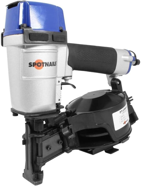 A high-angle three-quarter view of the SpotNails PT-CRN45 coil roofing nailer, showing the blue cap, silver body, and black coil-loaded magazine.
