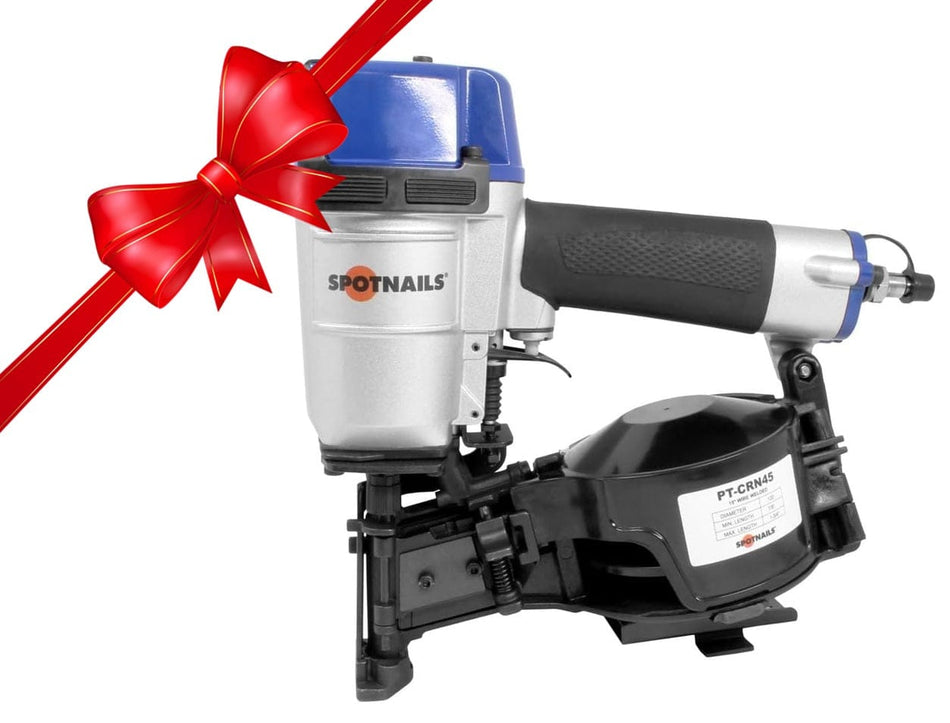 A side profile view of the SpotNails PT-CRN45 coil roofing nailer, showing the blue cap, silver body, and black coil magazine on a white background with a red ribbon in the corner.