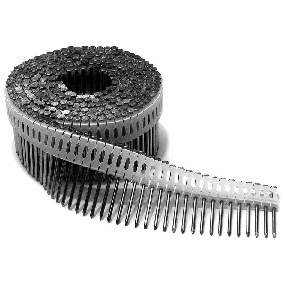 This image shows a large coil of nails, likely for a nail gun, presented in black and white. The nails are collated together by a light-colored, perforated plastic strip, with a long section of this strip and its attached nails extending out from the main coil.