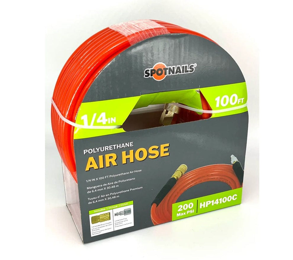 Front angled view of SpotNails HP14100C orange polyurethane air hose packaging displaying 100 foot length and included coupler and plug accessories