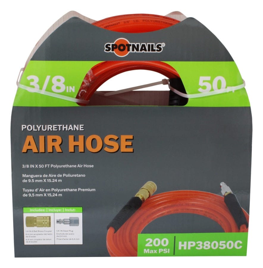 Retail packaging for SpotNails model HP38050C displaying a 50-foot coiled orange polyurethane air hose with green labels indicating 3/8 inch diameter