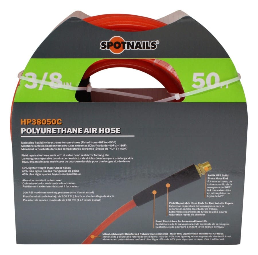 Rear view of SpotNails HP38050C air hose packaging detailing field repairable hose ends and bend restrictor features on the coiled orange hose