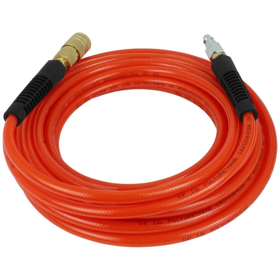 Coiled orange polyurethane air hose featuring black bend restrictors and attached brass and steel fittings