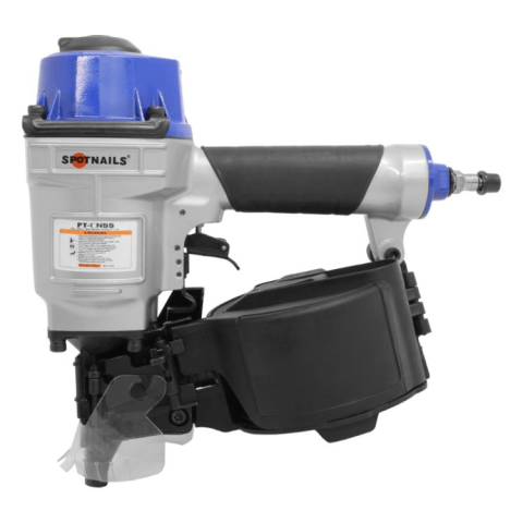 This is a grey and black pneumatic nail gun with a blue top, angled slightly to the right. The side of the tool features the "SPOTNAILS" logo in white, and a label with "PT-I N80" and other specifications is visible below the brand name.